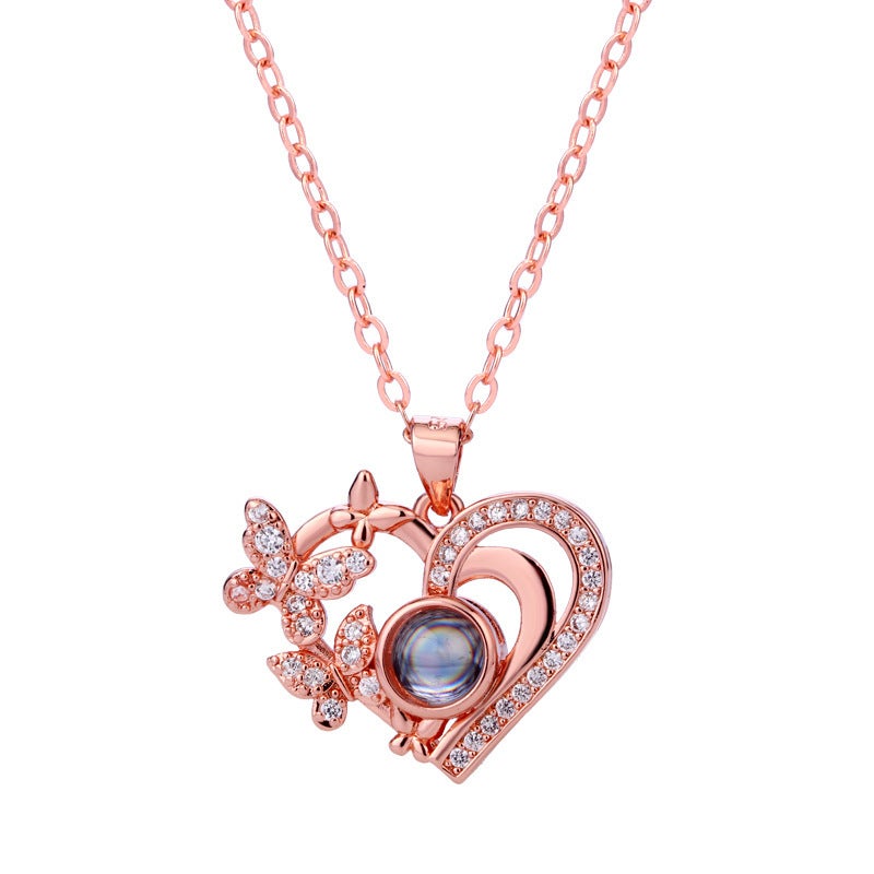 Popular Heart Butterfly Necklace For Women In 100 Languages ​​I Love You Color Picture Projection Customized Heart Clavicle Chain - Image 1